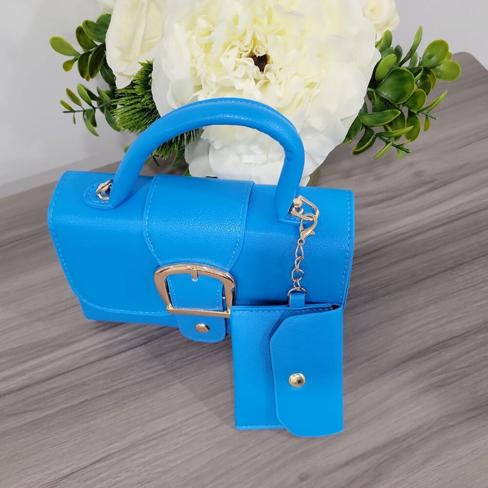 Blue Retro Style Buckle Small Handbag Purse w/Detachable Mini coin wallet - Picture 8 of 10